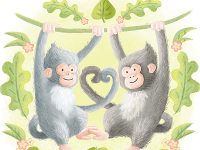 Monkeys brushes digital illustration green hand drawn illustration love monkey photoshop pink wacom