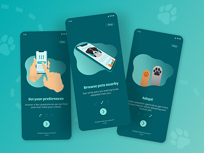 Pet Adoption App Onboarding Screens design digital design figma graphic design illustration mobile app design mobile ui pet adoption app prototype ui ui design ui ux vector vector art