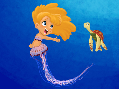 Jellyfish mermaid and her sea turtle sidekick character design illustration mermaid visual development