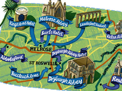 Scottish Border Map abbey buildings colourful hand lettering illustration map quirky scotland scottish tartan thistle