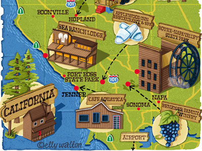 California Map america buildings california cartography coast editorial illustration magazine map states usa