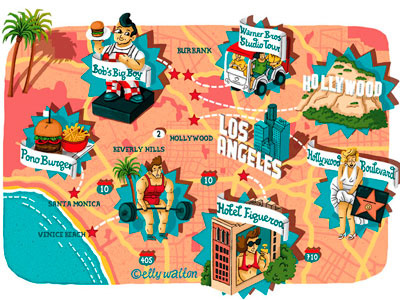 Illustrated Map of LA america cartography hollywood illustrated map illustration la los angeles map usa