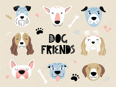 Dog friends. Vector illustration animal character concept design dog dog heads doodle hand drawn illustration nursery poster set