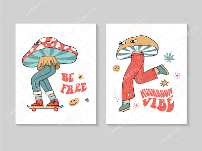 Vector posters with psychedelic mushroom 60s 70s character design flat fun groovy hippie illustration lettering mushroom poster print psychedelic retro vector vintage