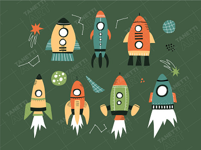 Cartoon rockets. Vector illustration astronomy cartoon childish collection comet cosmic cosmos cute doodle earth galaxy hand drawn illustration kids moon nursery planet print rocket vector