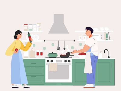 A man and a woman are preparing dinner in the kitchen branding couple design flat illustration illustrator kitchen minimal vector