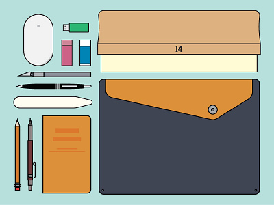 Just the Essentials desk eraser essentials flat illustration mouse notebook pen pencil squeegee