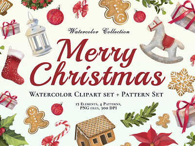 Merry Christmas. Watercolor Collection. Clipart set & Patterns.