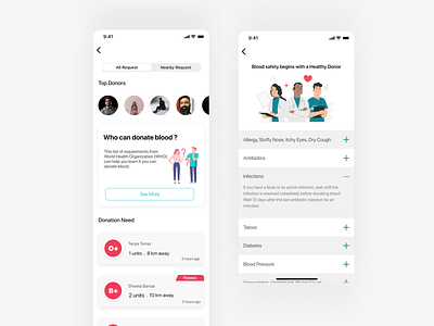 Blood Donation App blood donation cards cards ui faqs gamification health app healthcare ios app product design ux design
