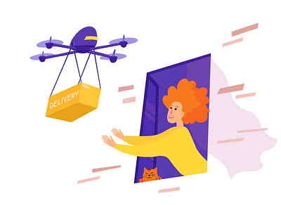 Contactless drone delivery to a home. contactless delivery drone flat home illustration vector women