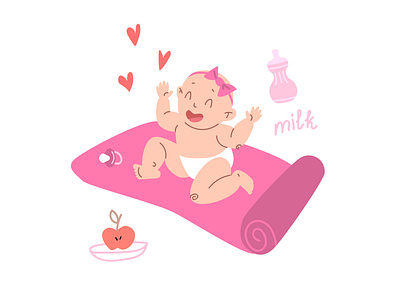 Baby sits on the rug and laughs apple baby baby yoga cartoon flat heart laughs math milk bottle pacifier pink rug sits vector yoga