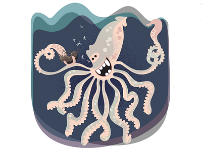 The Kraken - VIA Imaginary Animals illustration imaginary kraken legendary monster mythical octopus playful ship tentacles water waves