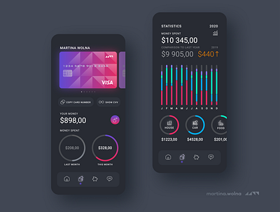 Bank app dark mode UI design bank credit card dark mode dark theme design statistic ui