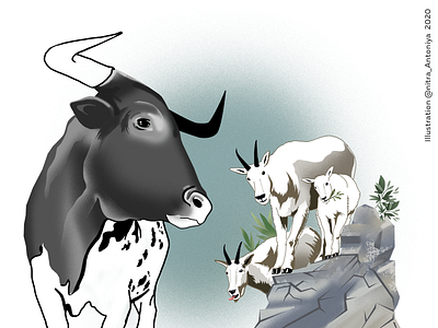 The Bull And The Goats. Illustration bull draw goat illustration nature print tales