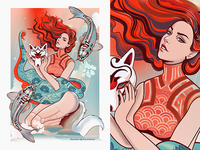 Kitsune fish girl character illustration nature pattern print vector