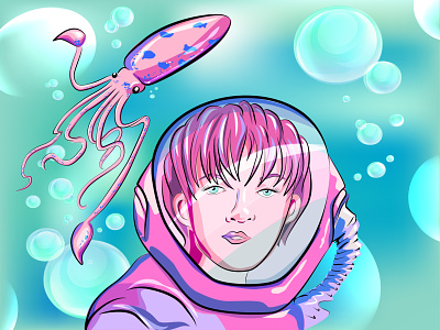 Deep Dive astronaut bubbles characterdesign concept art deep sea design diver dreamy illustration squid vector vector illustration women