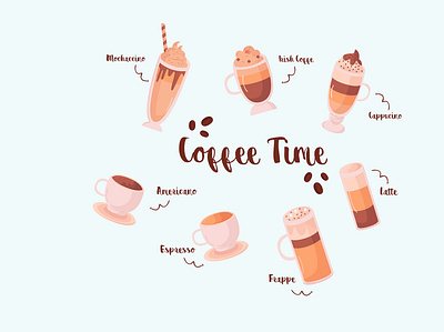 coffee types illustration concept flat design american cafeine coffee coffeeshop different drink espresso latte menu types