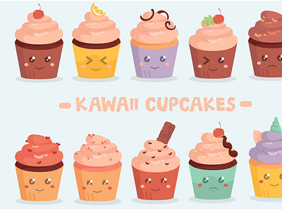 Kawaii Cupcakes Pack Illustration flat design chocolate cupcake decorated design frosting ice cream pastel pink sweet unicorn