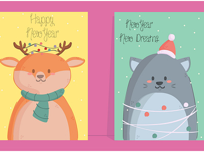 New Year Animals Poster animal cartoon cat christmas december deer new year poster printable template