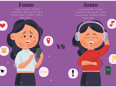 Fomo vs Jomo Infographic Illustration cartoon character fomo girl illustration infographic jomo joy lifestyle vector