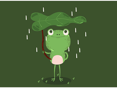 Frog Holding Leaf Rainy Day Illustration animal background cute day frog green illustration leaf rain vector