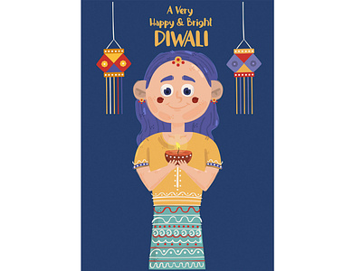 Happy Diwali with A Little Girl Illustration