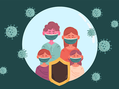 Family Protected from the Virus Illustration bacteria covid family health illustration infection protection symptoms vector virus