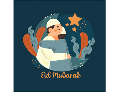 Eid Al-Fitr Mubarak with Two Man Embracing Illustration