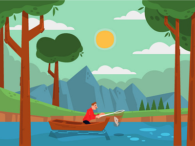 Mountains View with Fisherman Background Illustration background fisherman forest illustration lake landscape mountain nature sunset vector