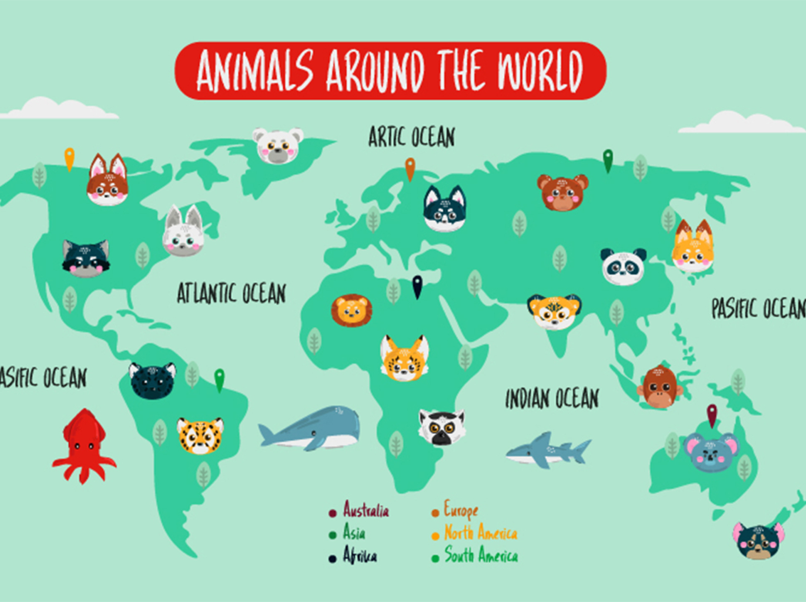 The continent animals. Animals on the Map. Animal Map.