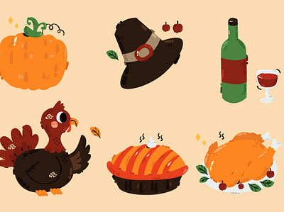 Happy Thanksgiving Set Illustration celebration dinner food happy holiday illustration pumpkin thanksgiving turkey vector