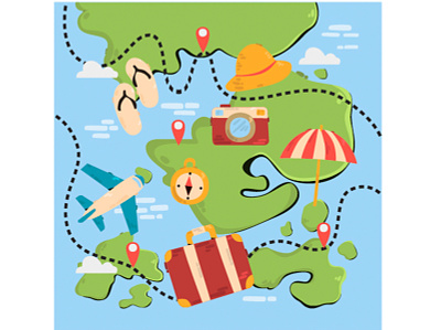 Map with Travel Elements Illustration adventure element flight illustration map tourism travel vacation vector world