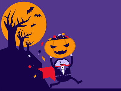 Cute Dracula running bring a lot of candy. background children book dracula halloween trick or treat vampire