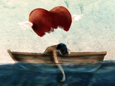 Saved blue boat flying heart red sea valentines wings