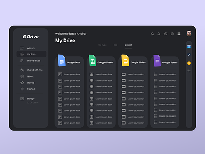 Google Drive Dashboard Redesign - dark mode