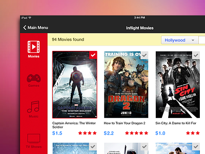Inflight Entertainment entertainment flat flight inflight ipad movies red ui user interface
