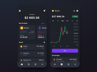 Crypto Wallet — Mobile App Concept concept crypto app cryptocurrency currencies dark theme dashboard financial app investment minimal mobile screen stocks typography ui user interface ux