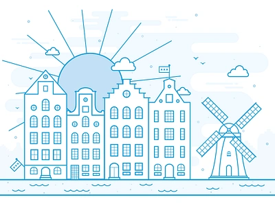 Amsterdam Postcard amsterdam buildings canalhouses city holland illustration line art netherlands postcard vector windmill