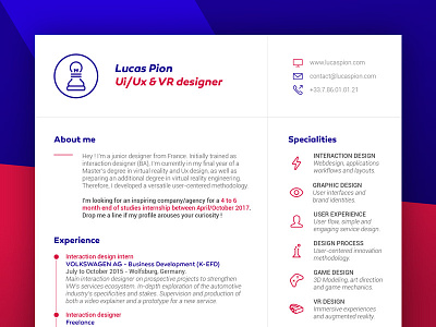 CV/Resume update 2017 curriculum vitae cv designer interaction resume skills specialities uiux vr webdesign