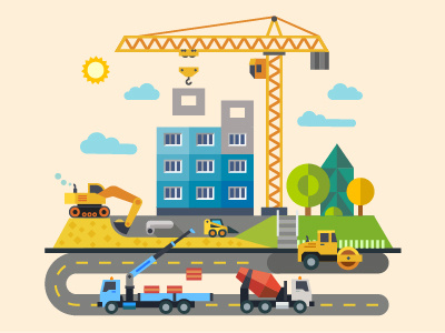 Сonstruction building car construction crane flat house illustration road truck vector