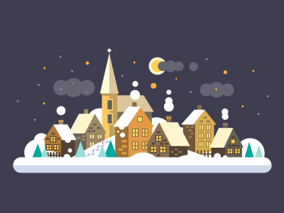 Magic night christmas city flat illustration landscape new night old snow vector winter year
