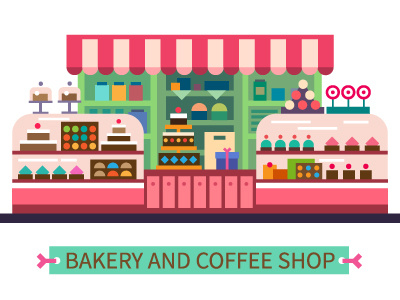 Bakery and Coffee shop bakery cake coffee flat green illustration interior pink shop sweets