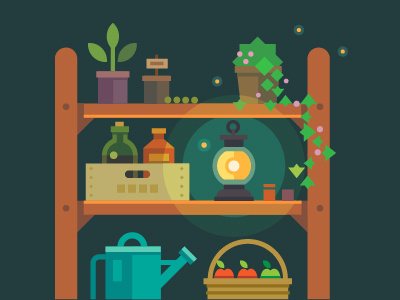 Garden story cartoon farm flat fruits garden illustration shelf site tools vector vegetables warehouse