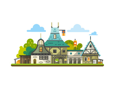 Medieval fortress and house background castle flat house illustration landscape nature stone summer trees vector village