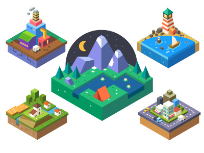 Urban and village landscapes camp factory flat forest illustration isometry mountain sea tourism tree vector village