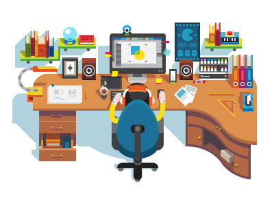 Workplace books computer designer flat illustration interior man shelf table top view vector workplace