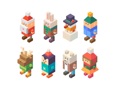 Winter characters snowman penguin girl boy rabbit bear deer santa vector 3d flat winter