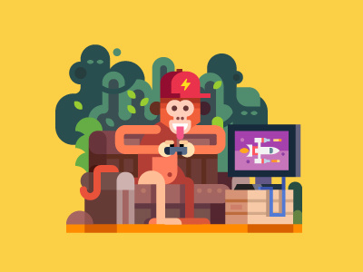 Monkey funky animal character console flat game illustration interior jungle monkey play sofa vector