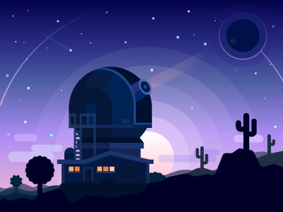 In search of Planet X astronomy comet desert flat illustration night planet space star sunset telescope vector