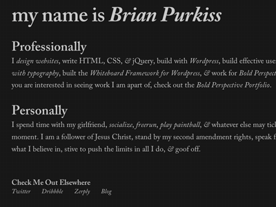 BrianPurkiss.com black browser shot pattern typography